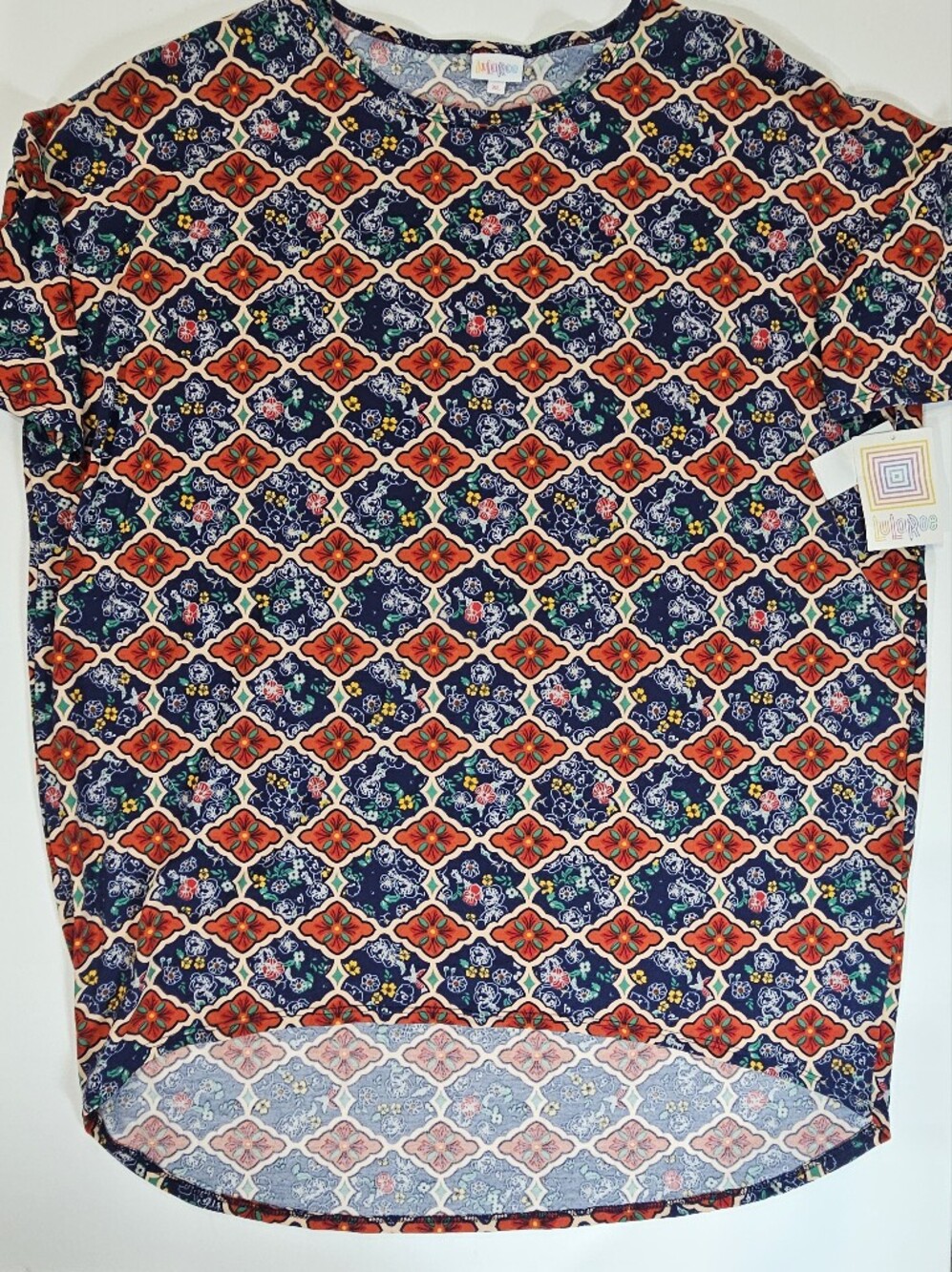NWT LulaRoe Tunic Top Women XL Blue Orange Floral Geometric Pattern High Low Hem